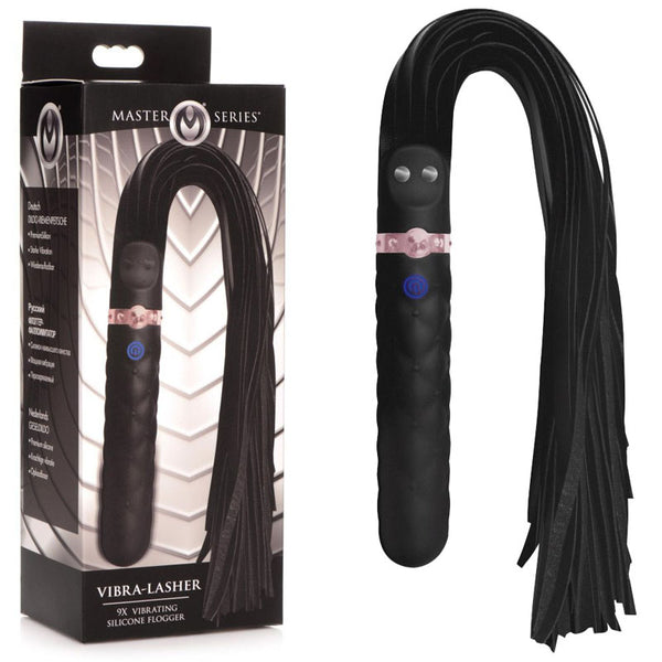 Master Series Vibra-Lasher 9X Vibrating Silicone Dildo - Black 50 cm USB Rechargeable Vibrator and Flogger