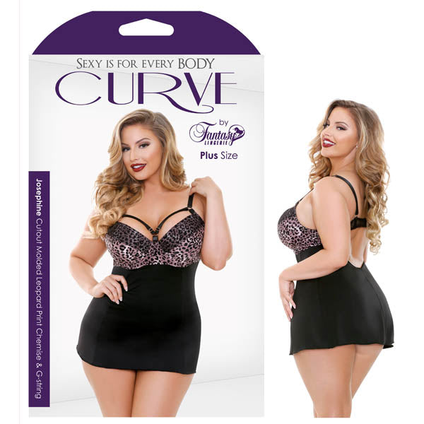 Curve Josephine Cutout Molded Leopard Print Chemise & G-String - Rose Leopard - 3X/4X Size