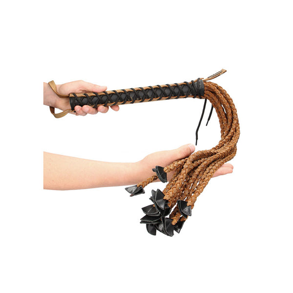 OUCH! Italian Leather 22 Inch Braided Tails & 12 Inch Handle - Brown 84 cm Flogger Whip