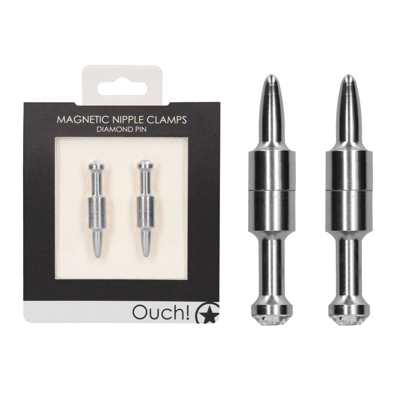 OUCH! Magnetic Nipple Clamps - Diamond Pin - Silver Magnetic Nipple Clamps - Set of 2