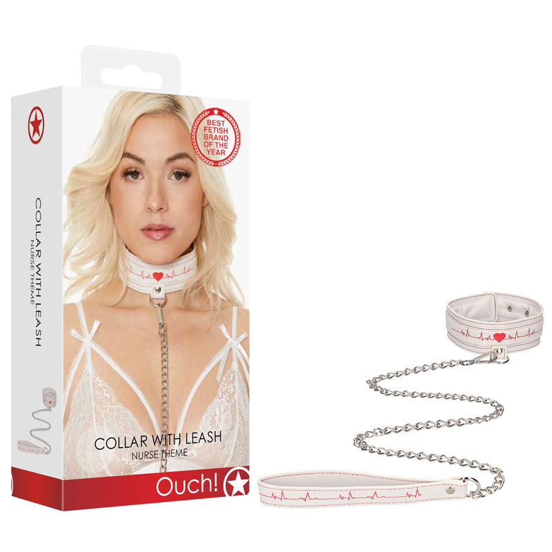 OUCH! Collar With Leash - Nurse Theme - White/Red Restraint