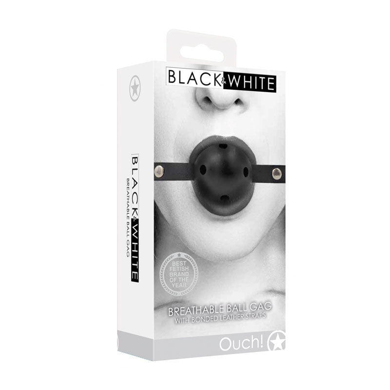 OUCH! Black & White Breathable Ball Gag With Bonded Leather Straps - Black Mouth Restraint