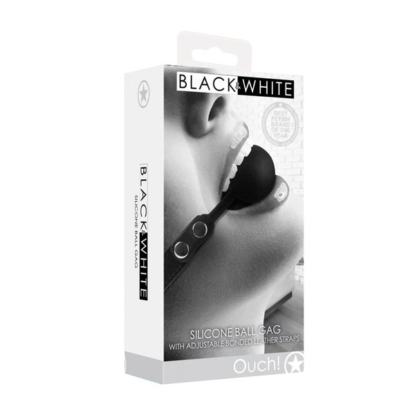 OUCH! Black & White Silicone Ball Gag with Adjustable Bonded Leather Straps - Black Mouth Restraint