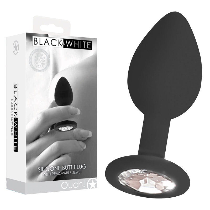 OUCH! Black & White Silicone Butt Plug with Removable Jewel - Black 7.3 cm Butt Plug