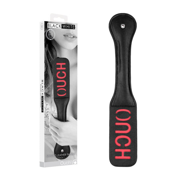 OUCH! Black & White Bonded Leather Paddle ''Ouch'' - Black Paddle