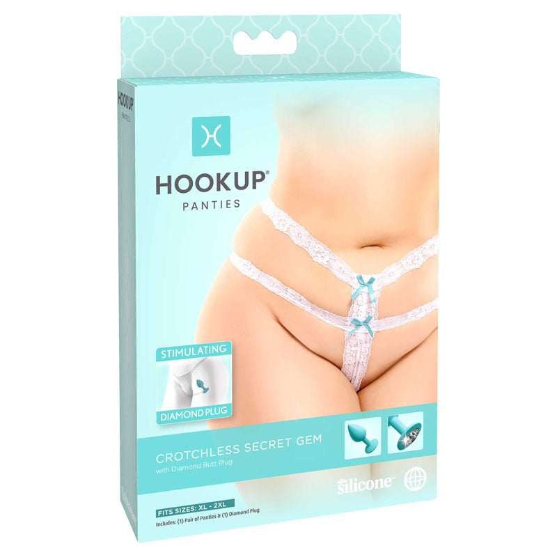 HOOKUP Crotchless Secret Gem - White Panty with Gem Butt Plug - XL/XXL Size